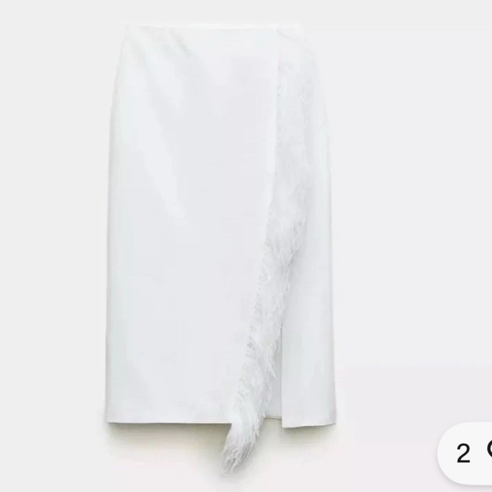 Zara cream white trim feather midi skirt statement minimalist event XS NWT